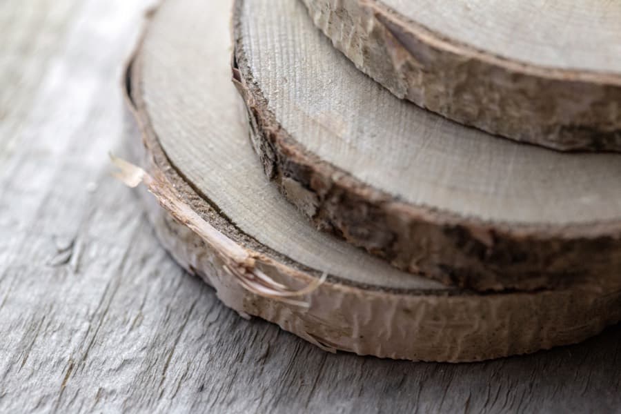 Stacked birch log rounds with pale grain and bark on a weathered wood surface